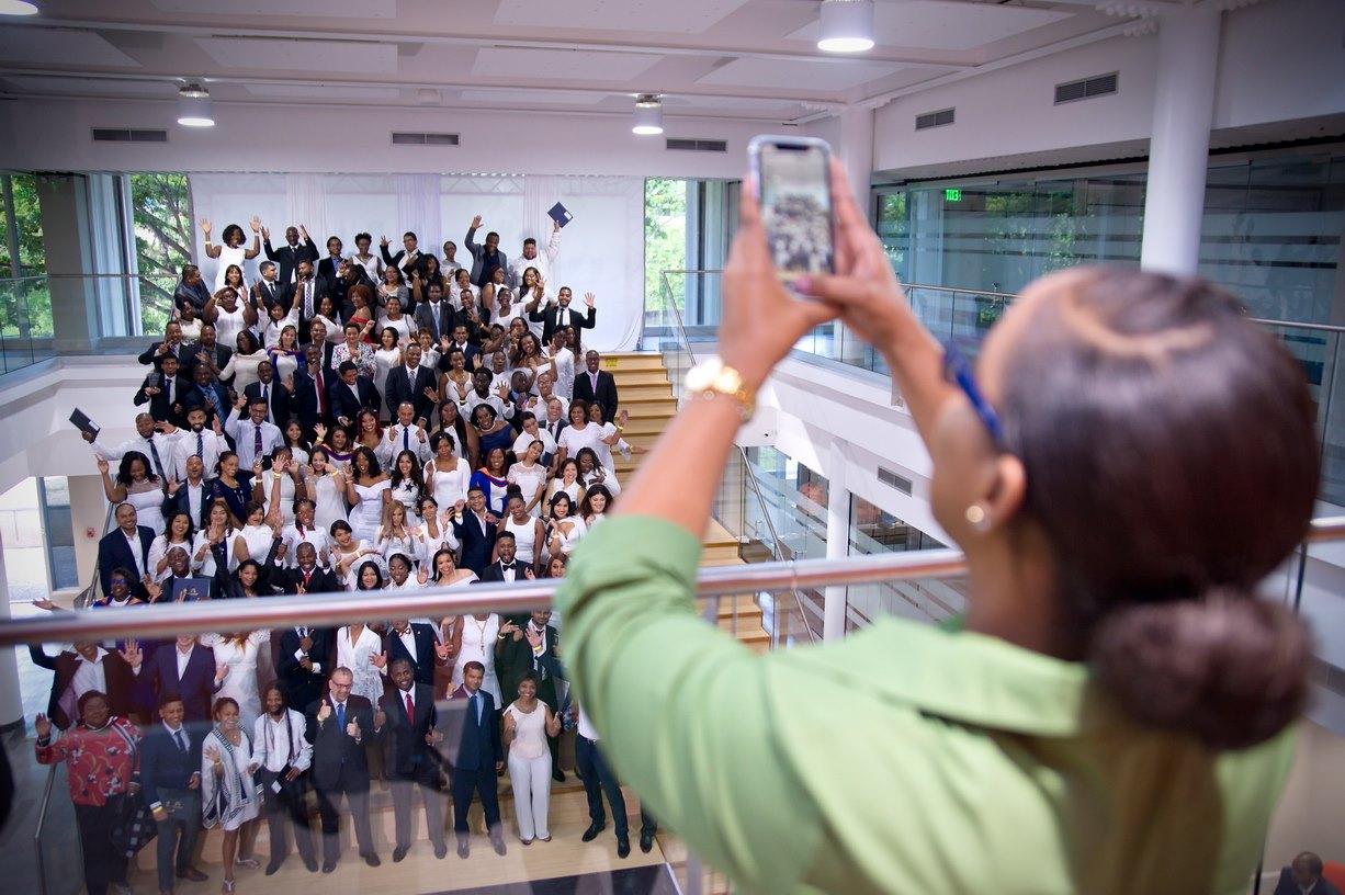 Class group photograph on the campus staircase