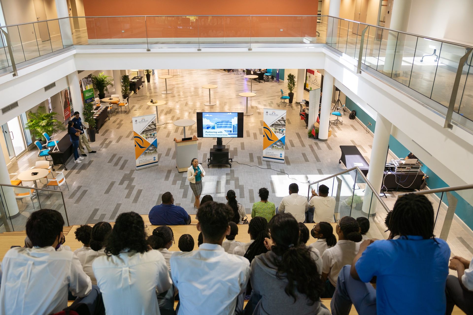 An information session in the campus atrium