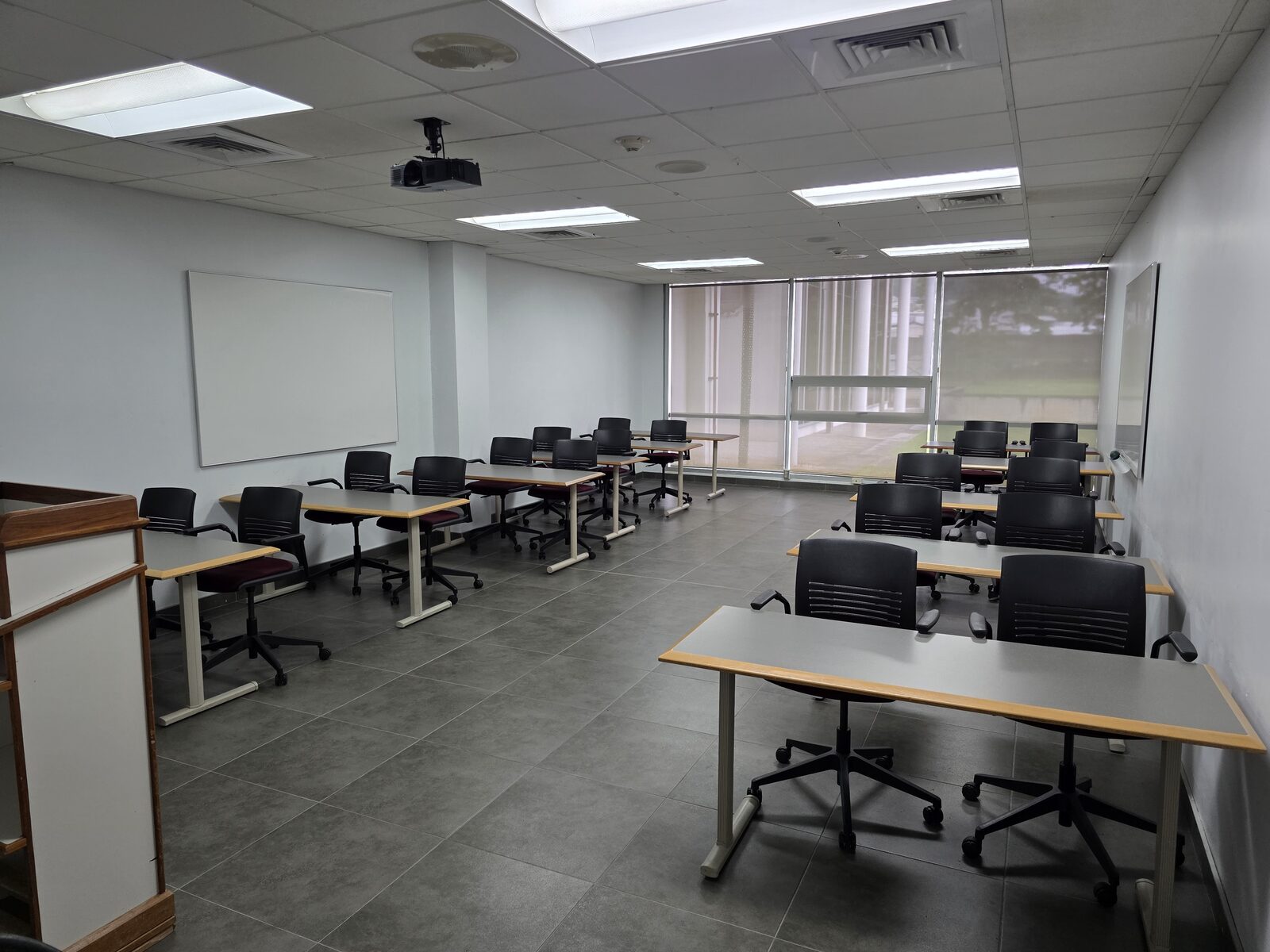 Room 105 and Room 106 - the room laid out in classroom style with mobile tables