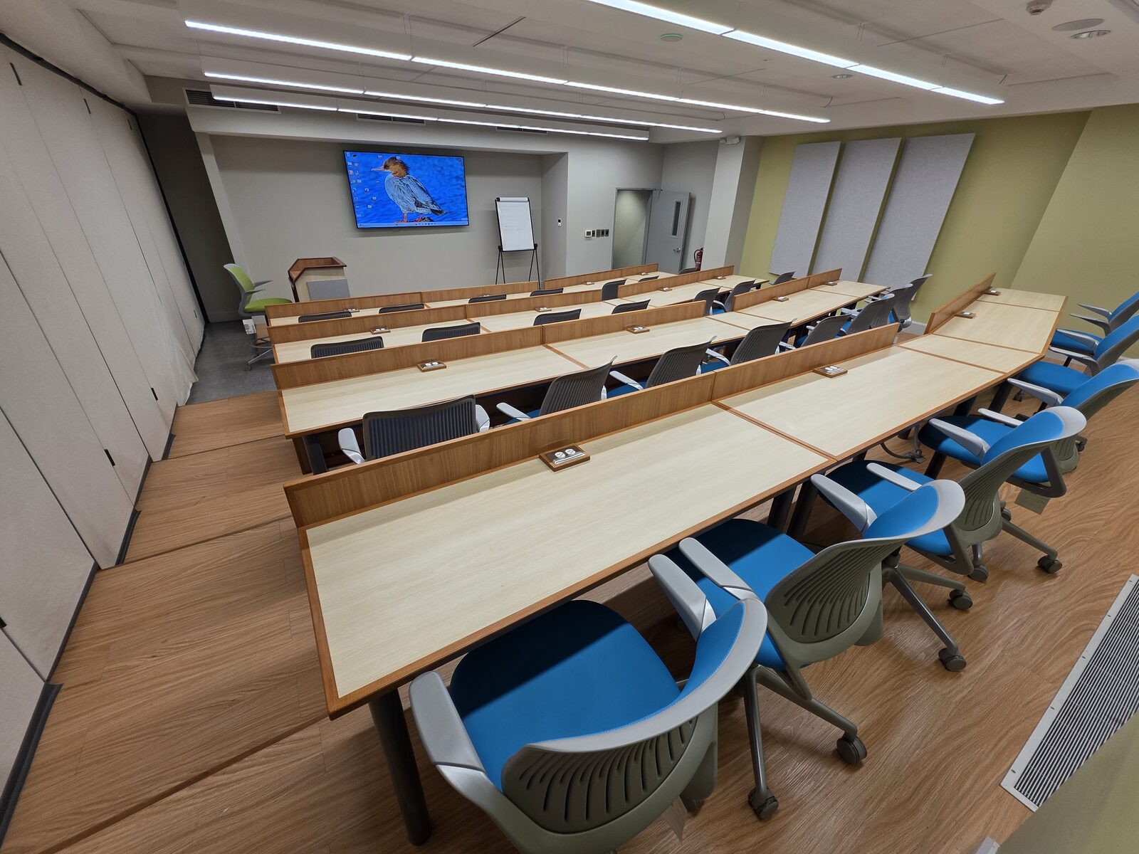 Lecture Room 1 - desks and screen seen along the length of the room